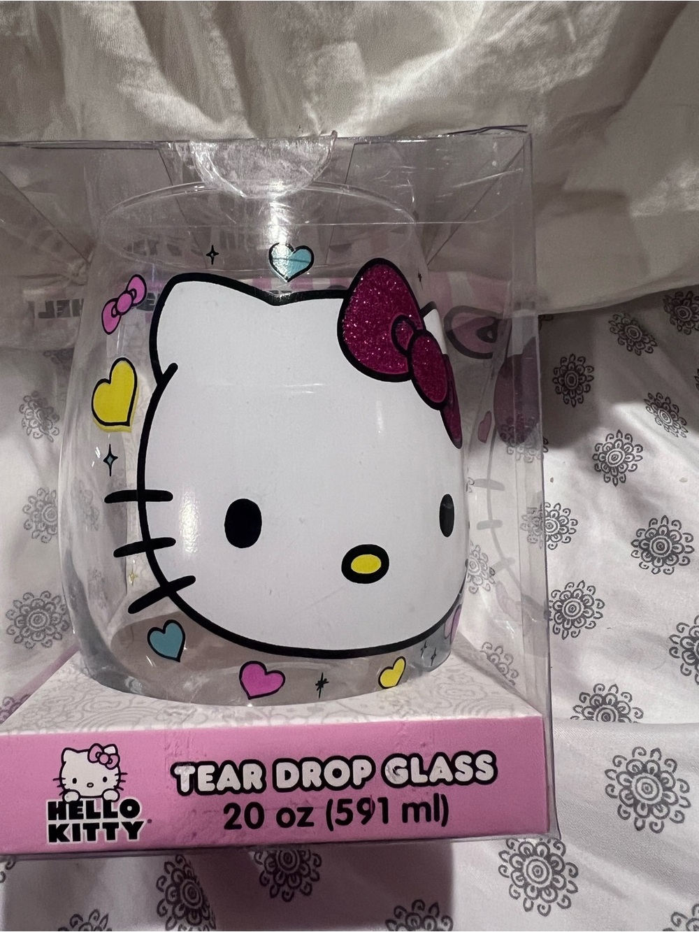 Hello Kitty Clear Tear Drop Glass with Pink Glitter Bow and Multicolor Hearts